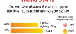 8 tháng năm 2025: Tổng mức bán lẻ hàng hóa và doanh thu dịch vụ tiêu dùng tăng 9,4%