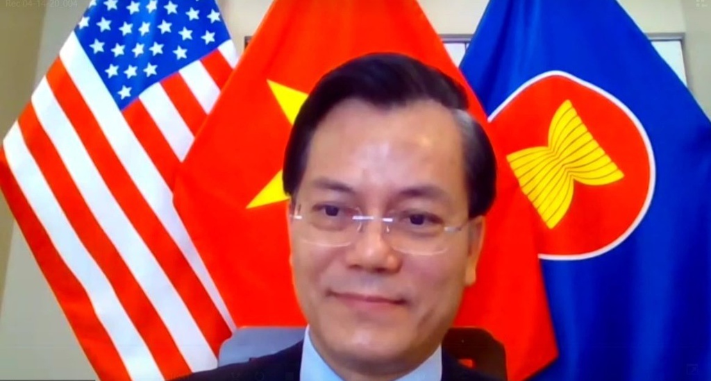 Đại sứ Việt Nam tại Mỹ H&agrave; Kim Ngọc trong cuộc hội thảo trực tuyến. Ảnh: Bộ Ngoại giao.