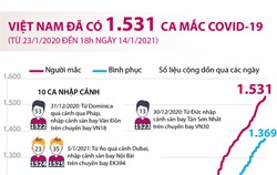 Việt Nam đã có 1.531 ca mắc COVID-19 (từ 23/1/2020 đến 18h ngày 14/1/2021)