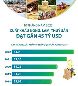 10 tháng năm 2022: Xuất khẩu nông, lâm, thủy sản đạt gần 45 tỷ USD