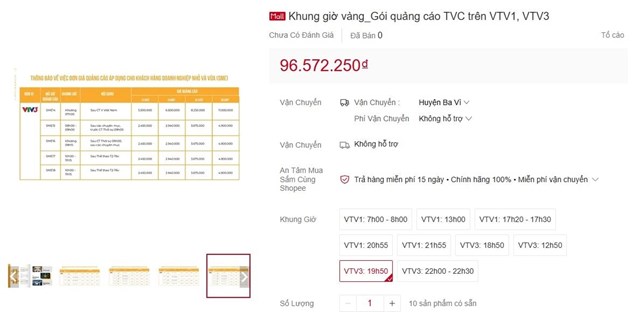 G&oacute;i quảng c&aacute;o c&oacute; gi&aacute; cao nhất trong gian h&agrave;ng của VTV Advertising. Ảnh chụp m&agrave;n h&igrave;nh
