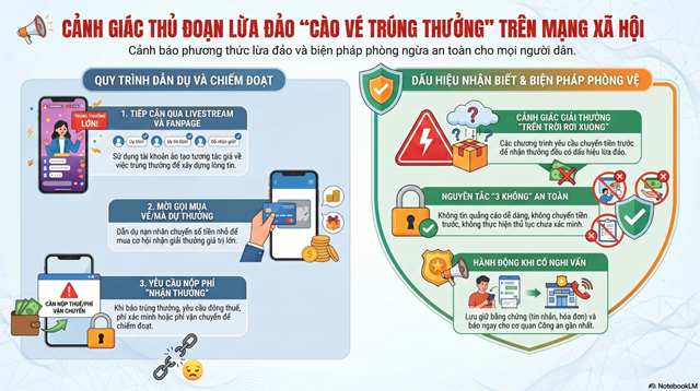 Cảnh gi&aacute;c thủ đoạn lừa đảo c&agrave;o v&eacute; tr&uacute;ng thưởng tr&ecirc;n mạng x&atilde; hội. Ảnh: C&ocirc;ng an Quảng Ninh