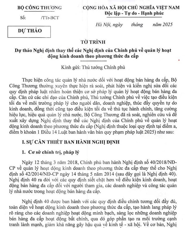 Bộ Công Thương mới có tờ trình Thủ tướng Chính phủ “Dự thảo Nghị định thay thế các Nghị định của Chính phủ về quản lý hoạt động kinh doanh theo phương thức đa cấp” nhằm thay thế các Nghị định cũ