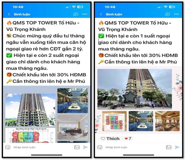Tin nhắn lừa đảo tr&ecirc;n mạng x&atilde; hội dụ dỗ kh&aacute;ch h&agrave;ng mua nh&agrave; chung cư (ảnh do chủ đầu tư cung cấp).