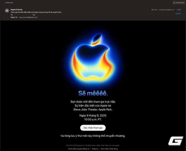 Thư mời tham gia sự kiện ra mắt iPhone 17 v&agrave;o ng&agrave;y 9/9 được Apple gửi tới đại diện b&aacute;o ch&iacute; Việt Nam - Ảnh: Tuấn L&ecirc;.