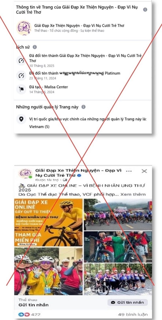 Trang Facebook mạo danh tổ chức hoạt động thiện nguyệnm nhằm lừa đảo t&agrave;i sản của người d&acirc;n (Ảnh: C&ocirc;ng an tỉnh Nghệ An)