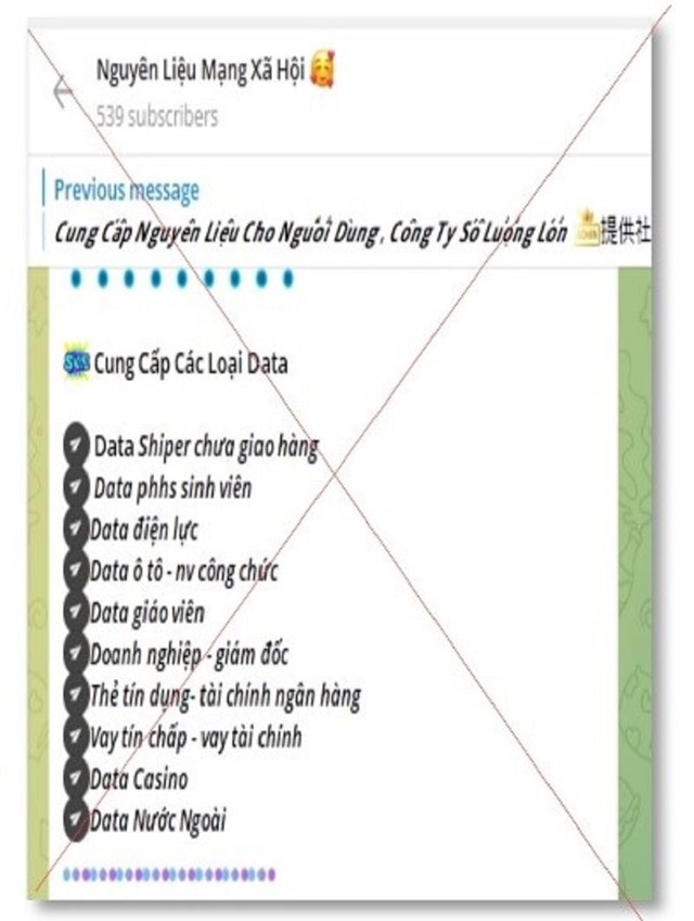 Nh&oacute;m k&iacute;n tr&ecirc;n Telegram mang t&ecirc;n &ldquo;Nguy&ecirc;n Liệu Mạng X&atilde; Hội&rdquo; quảng c&aacute;o cung cấp dữ liệu c&aacute; nh&acirc;n để rao b&aacute;n (Ảnh: C&ocirc;ng an tỉnh Nghệ An)