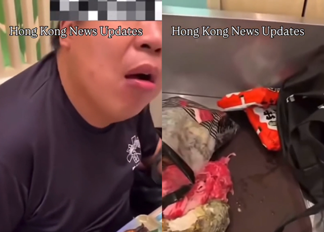 Khi chứng kiến vị kh&aacute;ch l&ocirc;i ra nhiều bọc lớn chứa đầy hải sản, thịt b&ograve; v&agrave; m&igrave; ăn liền, nh&acirc;n vi&ecirc;n kh&ocirc;ng khỏi ngạc nhi&ecirc;n v&igrave; số lượng thực phẩm nhiều đến mức đủ cho v&agrave;i bữa ăn. (Ảnh cap m&agrave;n h&igrave;nh)