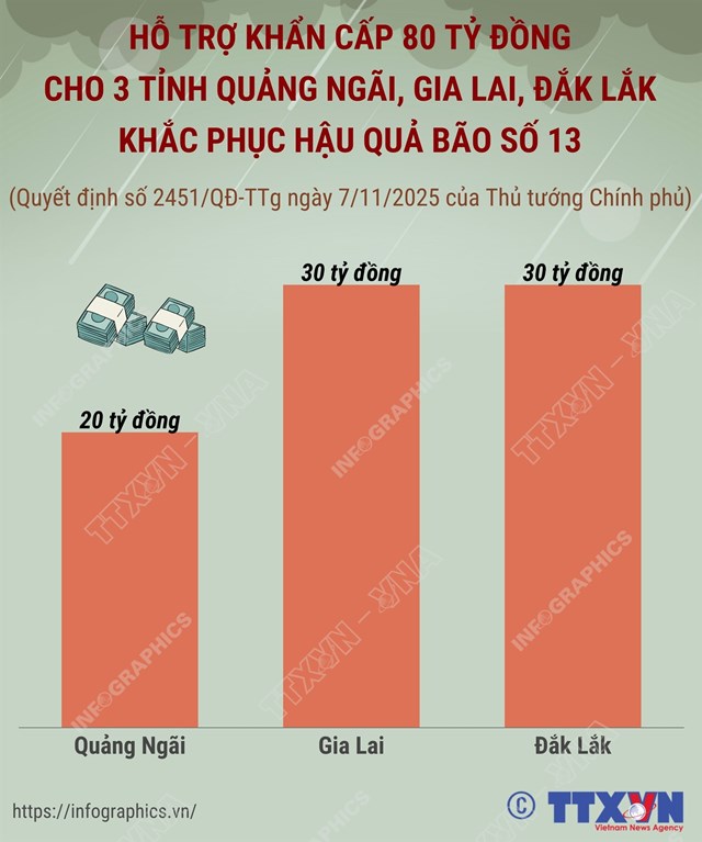 Hỗ trợ khẩn cấp 80 tỷ đồng cho 3 tỉnh Quảng Ngãi, Gia Lai, Đắk Lắk khắc phục hậu quả bão số 13 (Kalmaegi) - Ảnh 1